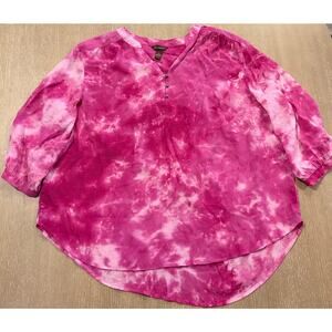 Bit & Bridle Women 2X Pink Tie Dye Blouse Rayon 3/4 Sleeve Boho Tunic Top Tiered